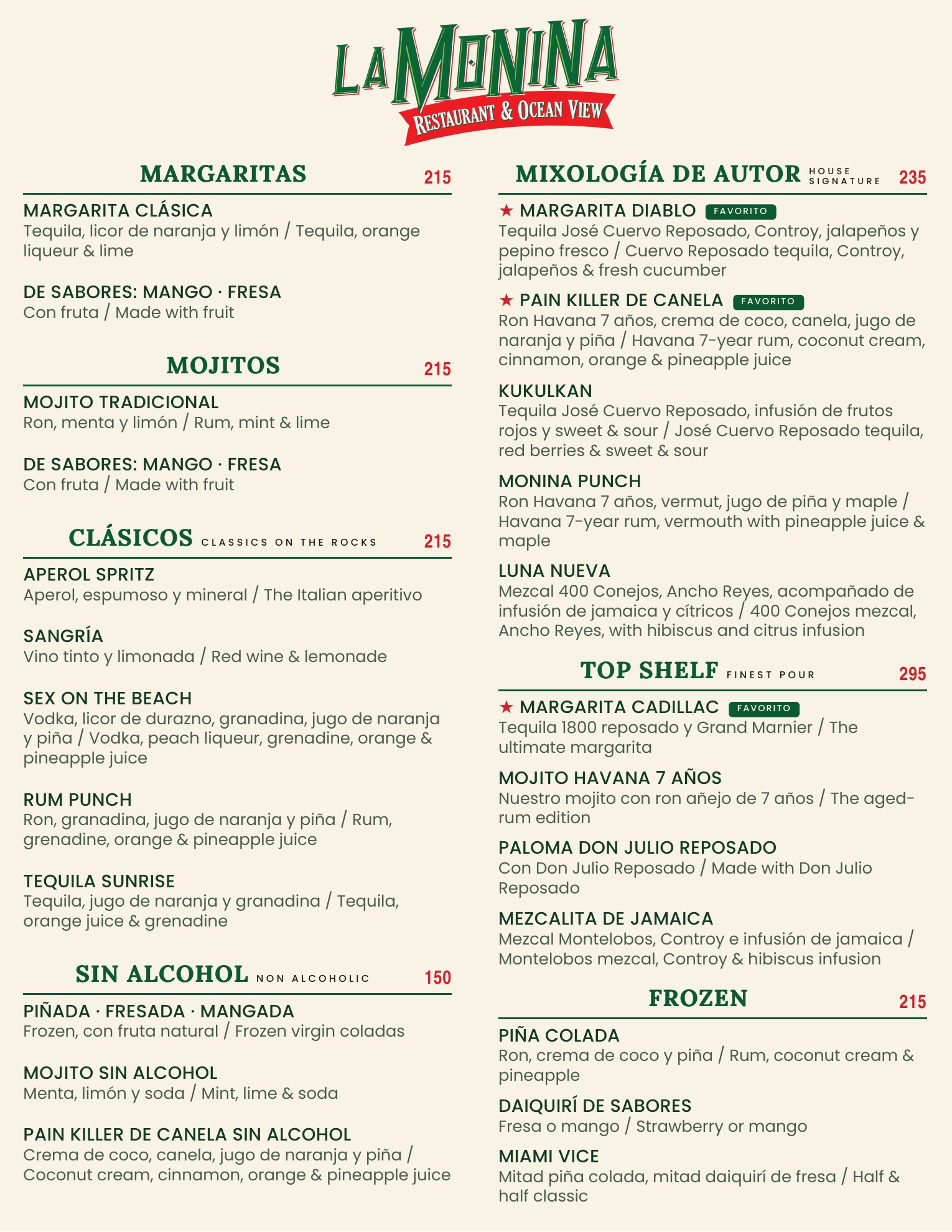 Menú de bebidas de La Monina, página 1: margaritas, mixología, cócteles y bebidas sin alcohol