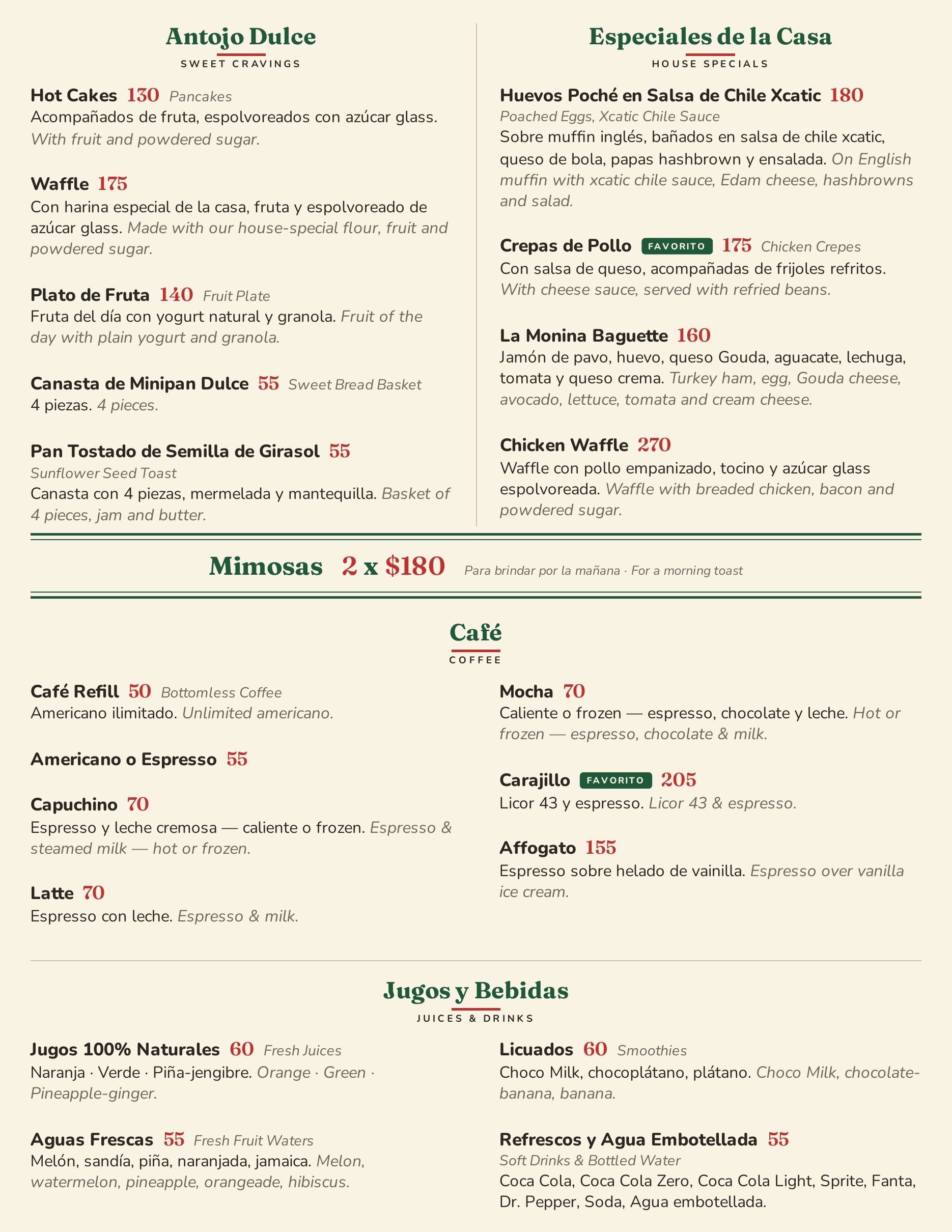 Menú bilingüe de desayunos de La Monina, página 2